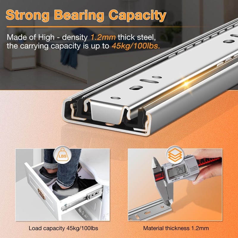 YENUO 1 Pair Full Extension Drawer Slides Side Mount 10 12 14 16 18 20 22 24 Inch Ball Bearing Metal Rails Track Guide Glides Runners Heavy Duty 100 Pound Load (Rolled Steel -1 Pair, 14 Inch) - Image 5